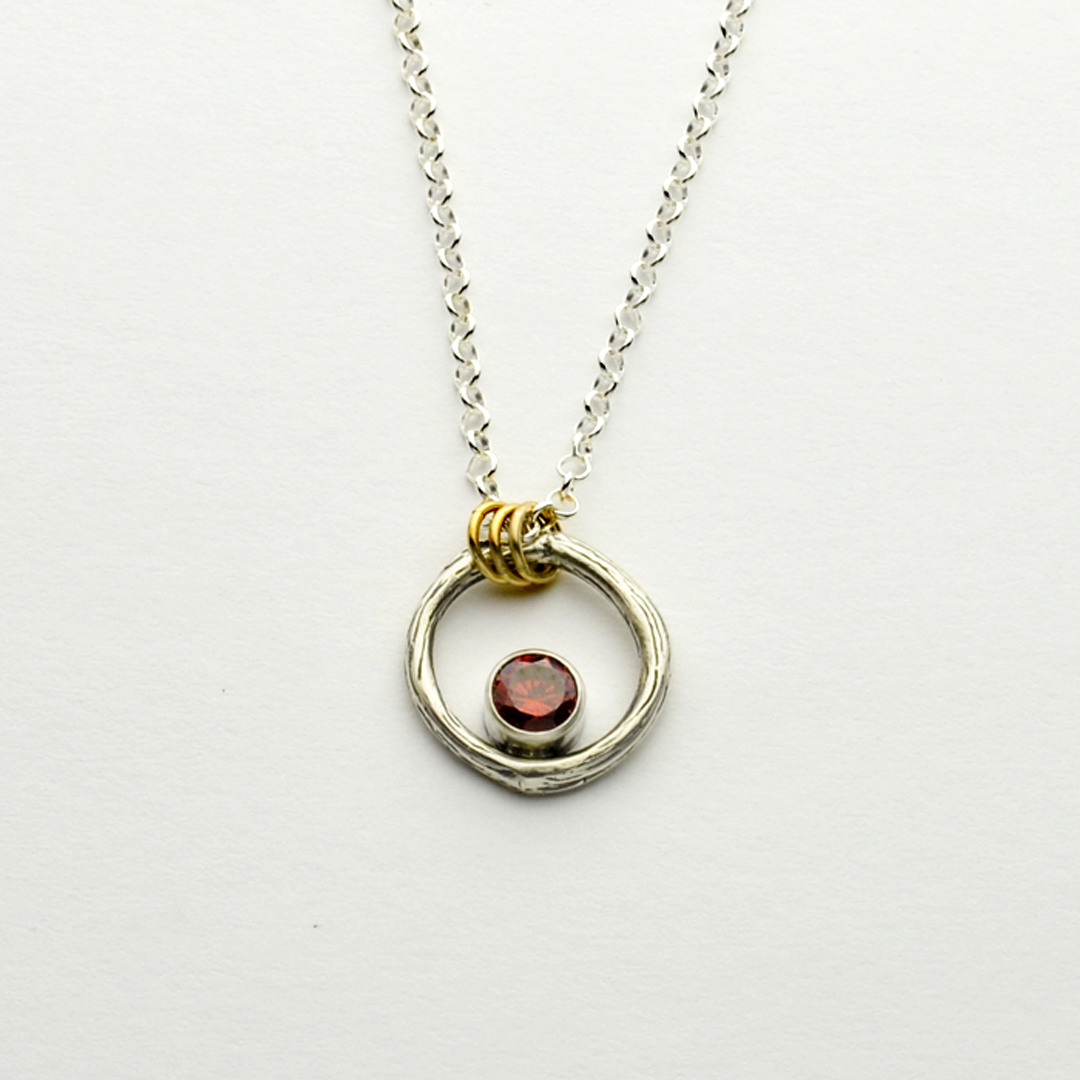 Greater Love Sterling Silver Circle Branch & Garnet CZ Necklace With 14kt Gold Filled Accent-Tracy Hibsman Studio