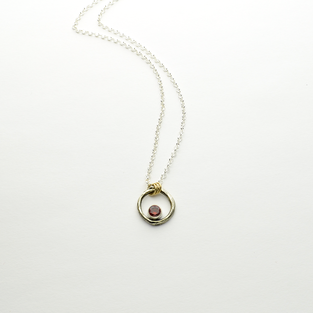 Greater Love Sterling Silver Circle Branch & Garnet CZ Necklace With 14kt Gold Filled Accent-Tracy Hibsman Studio