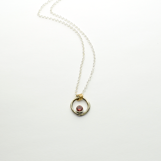 Greater Love Sterling Silver Circle Branch & Garnet CZ Necklace With 14kt Gold Filled Accent-Tracy Hibsman Studio