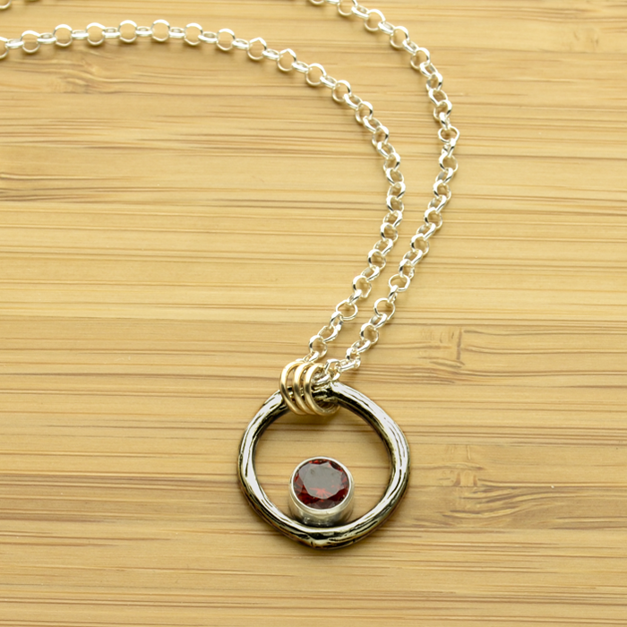 Greater Love Sterling Silver Circle Branch & Garnet CZ Necklace With 14kt Gold Filled Accent-Tracy Hibsman Studio