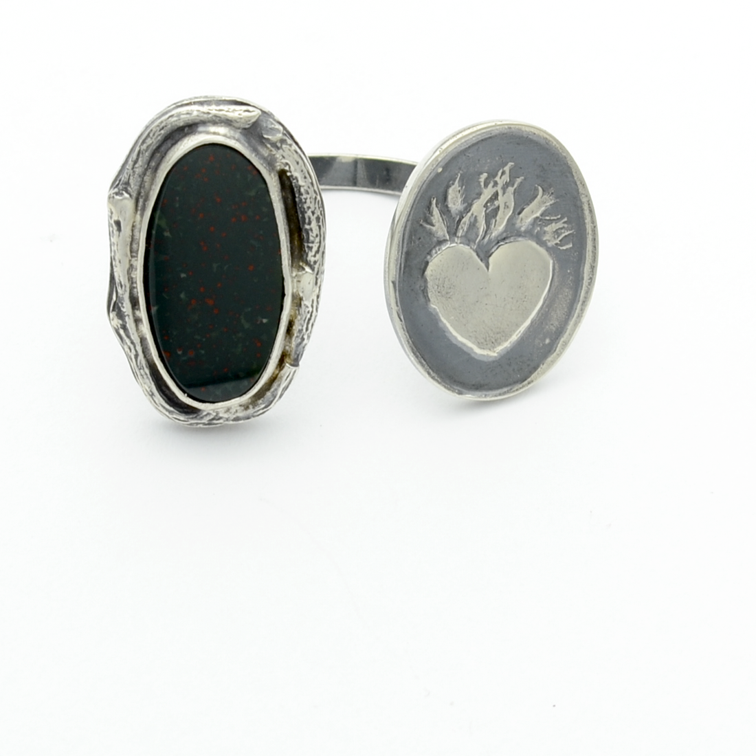 Greater Love Sterling Silver & Bloodstone Sacred Heart Cuff Ring-Tracy Hibsman Studio