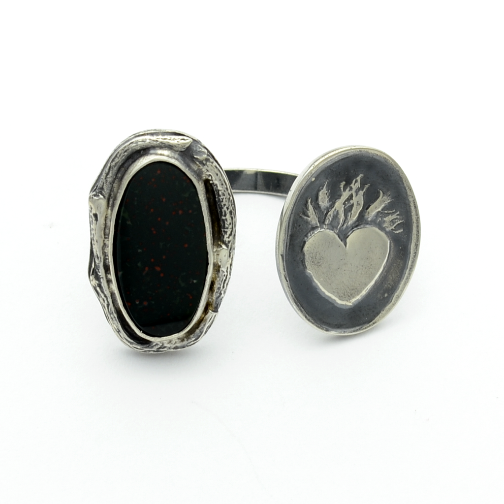 Greater Love Sterling Silver & Bloodstone Sacred Heart Cuff Ring-Tracy Hibsman Studio