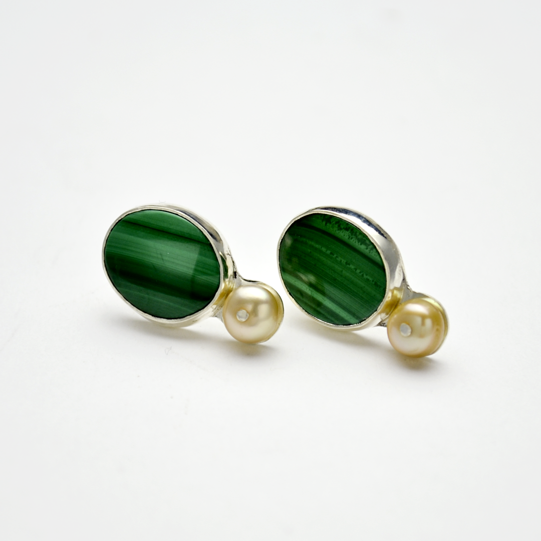 Kingdom #5 Oval Malachite, Pearl & Sterling Silver Stud Earrings