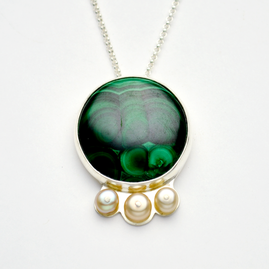 Kingdom #2 Large Round Malachite, Pearl & Sterling Silver Necklace