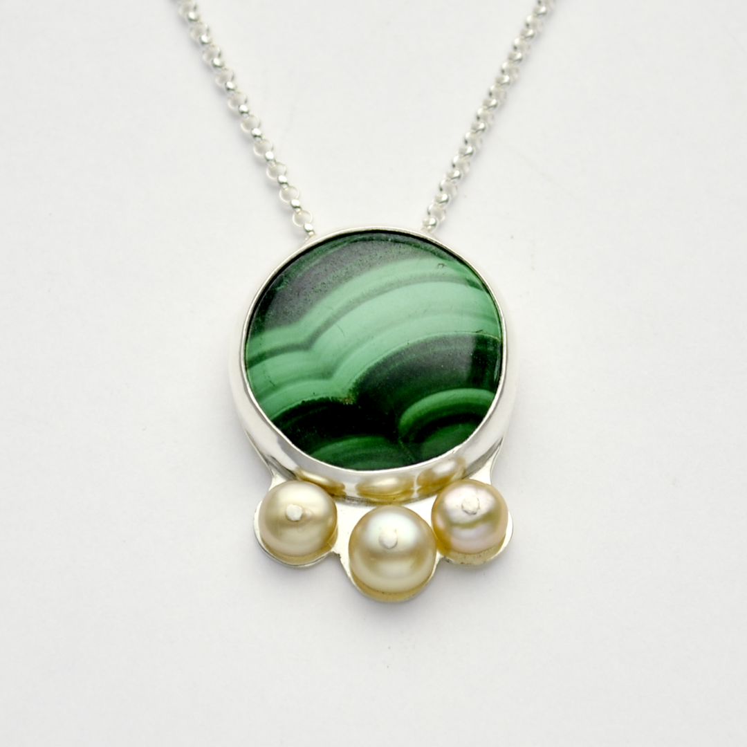 Kingdom #3 Small Round Malachite, Pearl & Sterling Silver Necklace