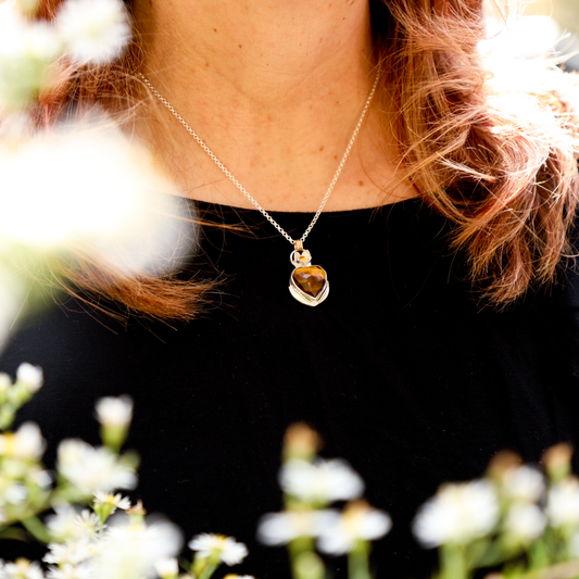 Peace Sterling Silver & Faceted Tiger Eye Heart Olive Blossom Necklace