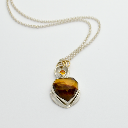Peace Sterling Silver & Faceted Tiger Eye Heart Olive Blossom Necklace