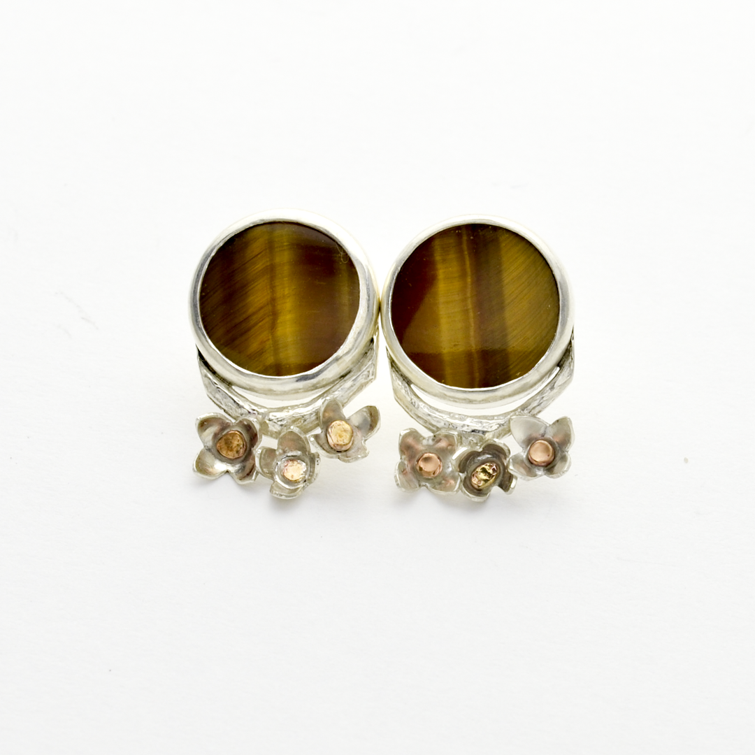 Peace Sterling Silver and Tiger Eye Olive Blossom Stud Earrings-Tracy Hibsman Studio