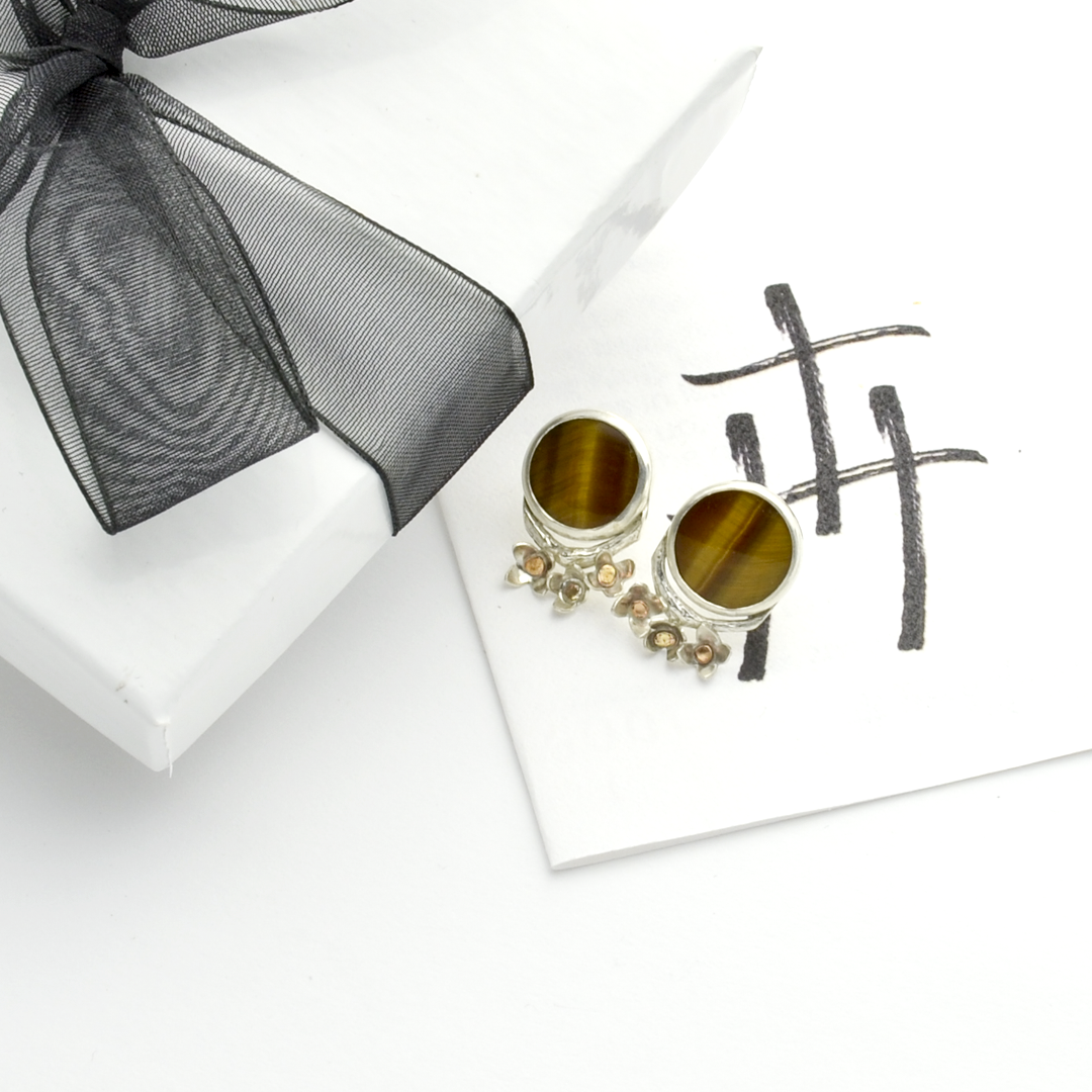 Peace Sterling Silver and Tiger Eye Olive Blossom Stud Earrings-Tracy Hibsman Studio