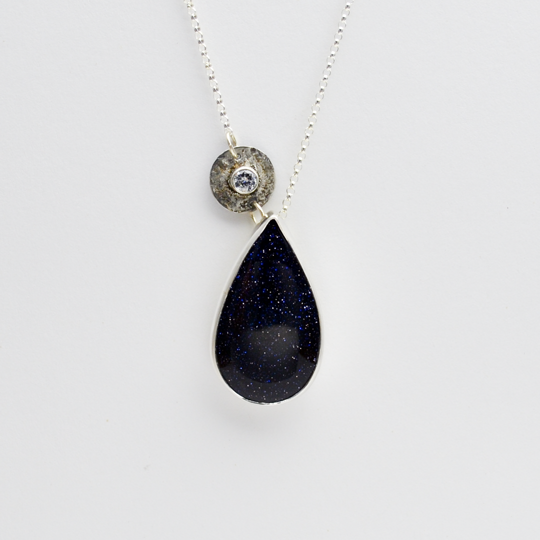 Praise Him Blue Goldstone Tier Drop Necklace with White CZ Satellite