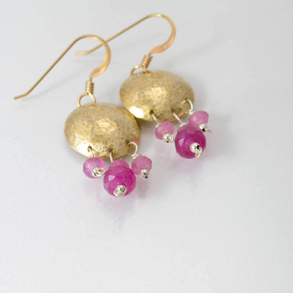 Journey Brass Disc Earrings with Pink Quartz-Tracy Hibsman Studio
