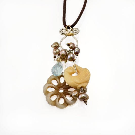 Peace Mixed Media Necklace with Pearls, Carved Bone & Blue Topaz-Tracy Hibsman Studio