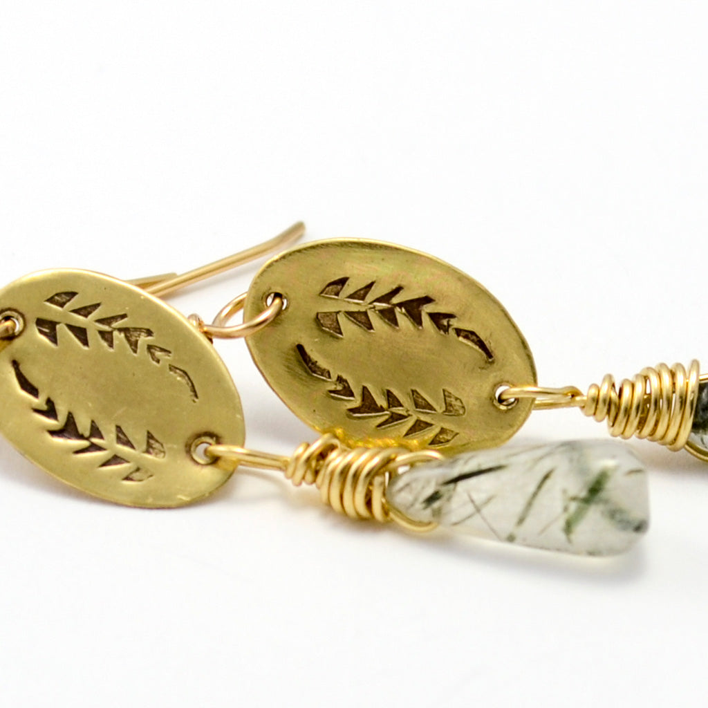 Triumph Palm Frond Dangle Earrings in Brass & Rutilated Quartz-Tracy Hibsman Studio