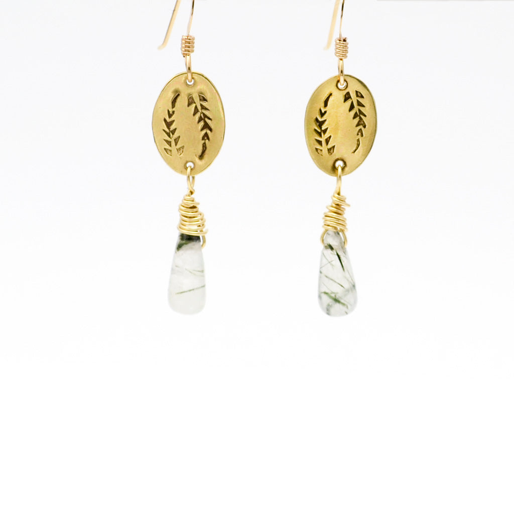 Triumph Palm Frond Dangle Earrings in Brass & Rutilated Quartz-Tracy Hibsman Studio