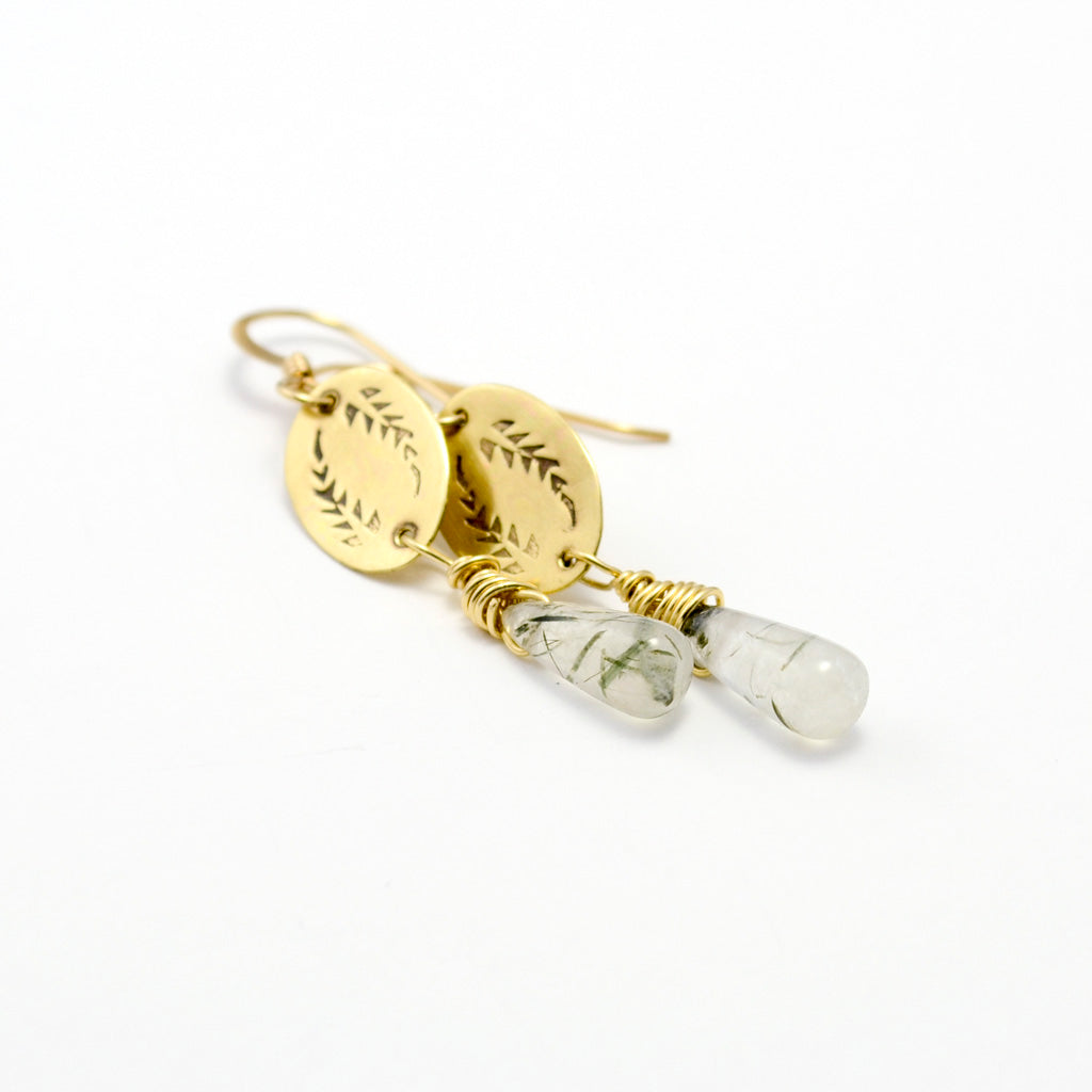 Triumph Palm Frond Dangle Earrings in Brass & Rutilated Quartz-Tracy Hibsman Studio