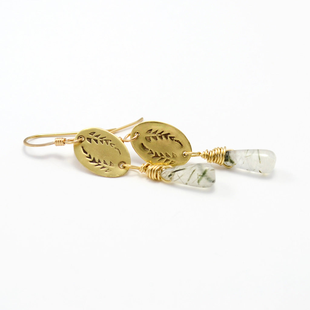 Triumph Palm Frond Dangle Earrings in Brass & Rutilated Quartz-Tracy Hibsman Studio