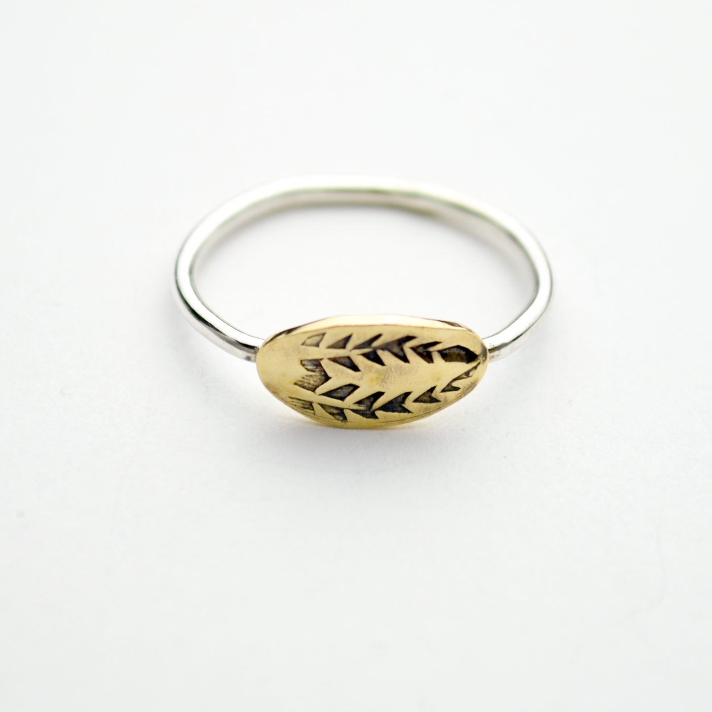 Triumph Oval Palm Frond Sterling Silver & Brass Stacker Ring